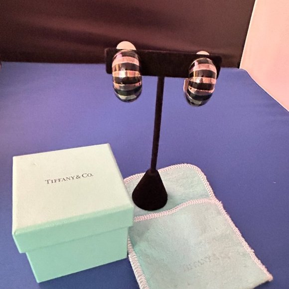 Vintage Tiffany & Co 925 Silver Black Blue Enamel Shrimp Omega Earrings - Picture 10 of 14